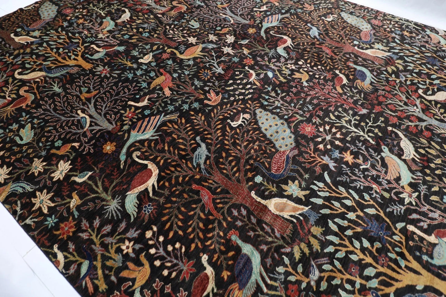 363 x 436 cm | Birds Black Afghan Tribal Hand Knotted Carpet