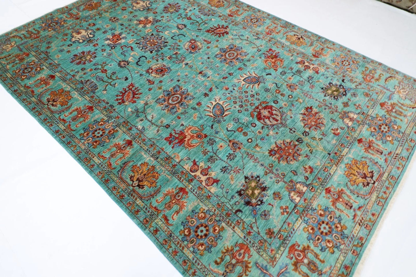 203 x 296 cm | Turquoise Afghan Tribal Hand Knotted Carpet