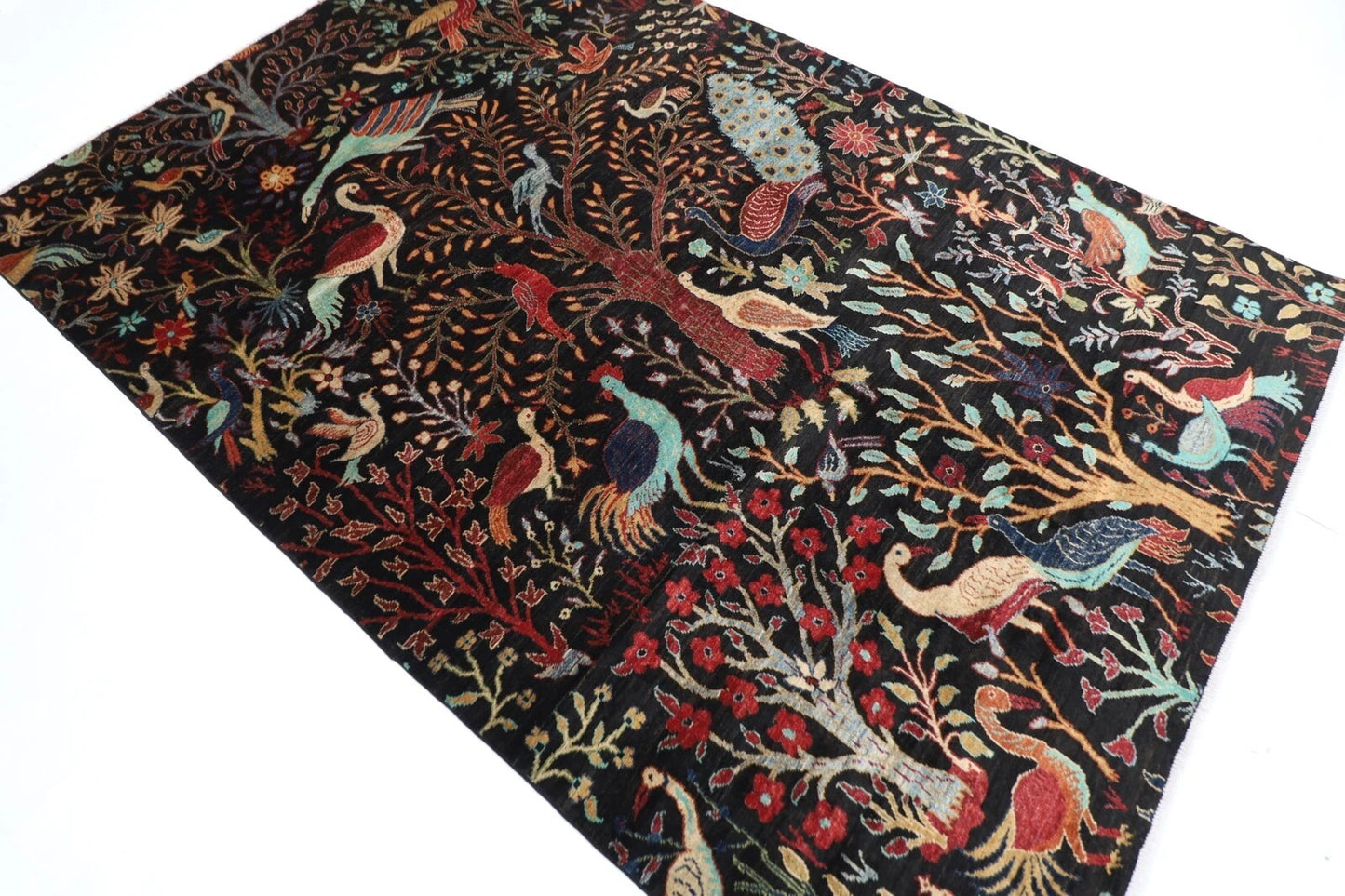 181 x 266 cm |  Birds Black Afghan Tribal Hand Knotted Veg Dye Wool carpet