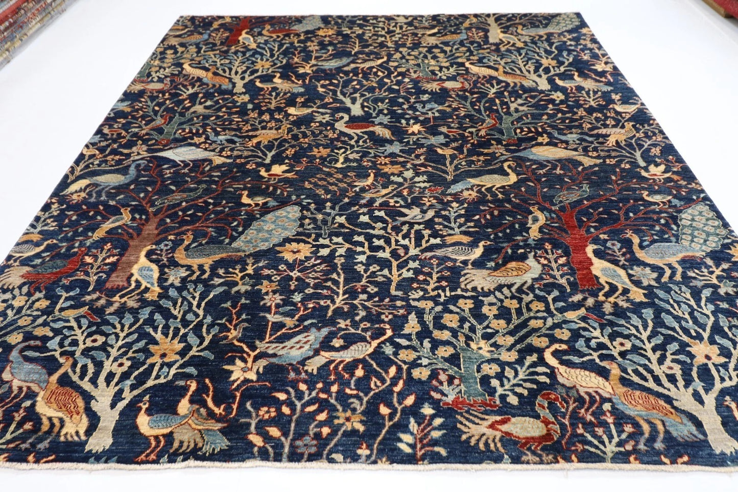 252 x 295 cm | Birds Navy Afghan Tribal Hand Knotted Carpet
