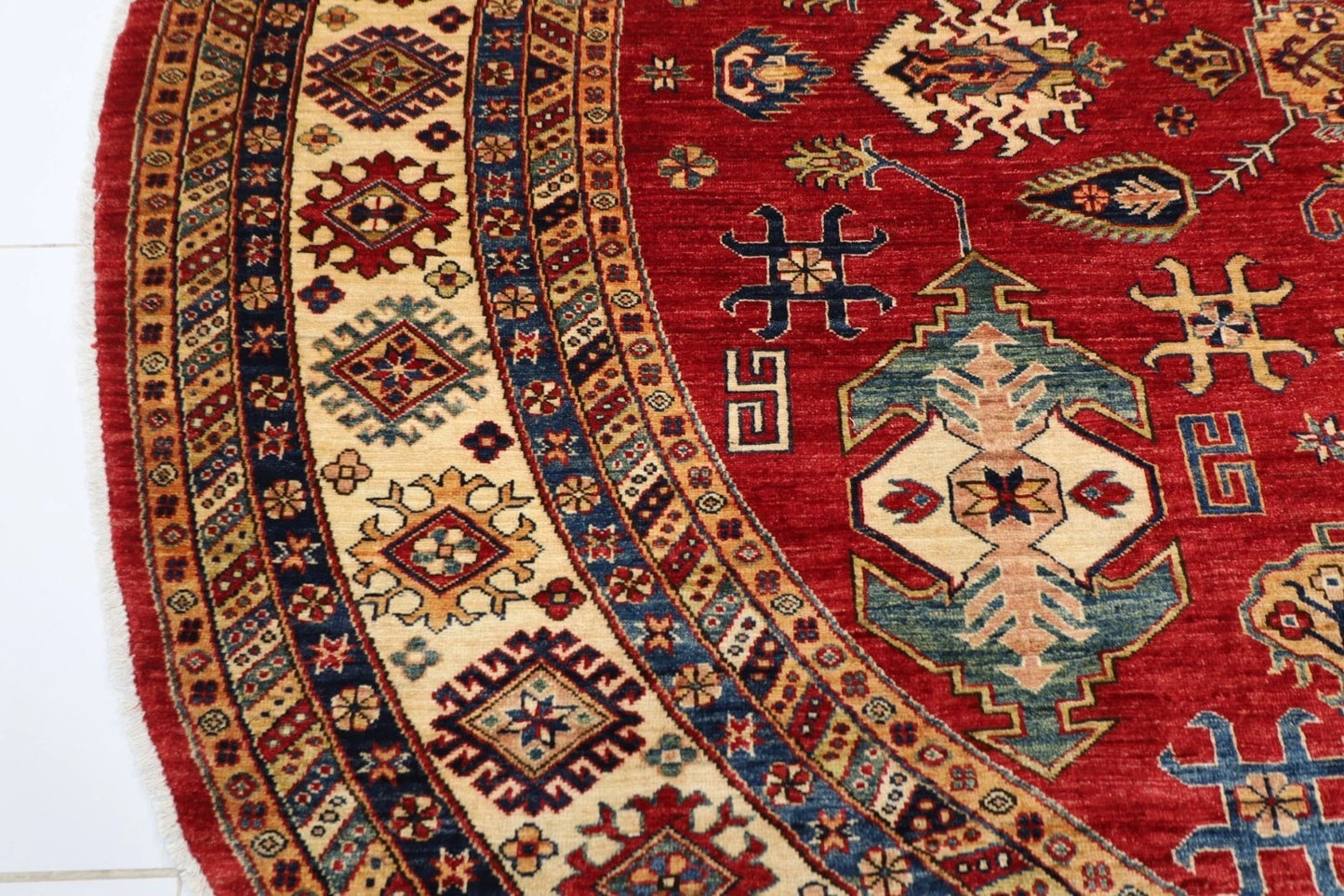 304 x 312 cm | Kazak Afghan Tribal Hand Knotted Wool Round Carpet