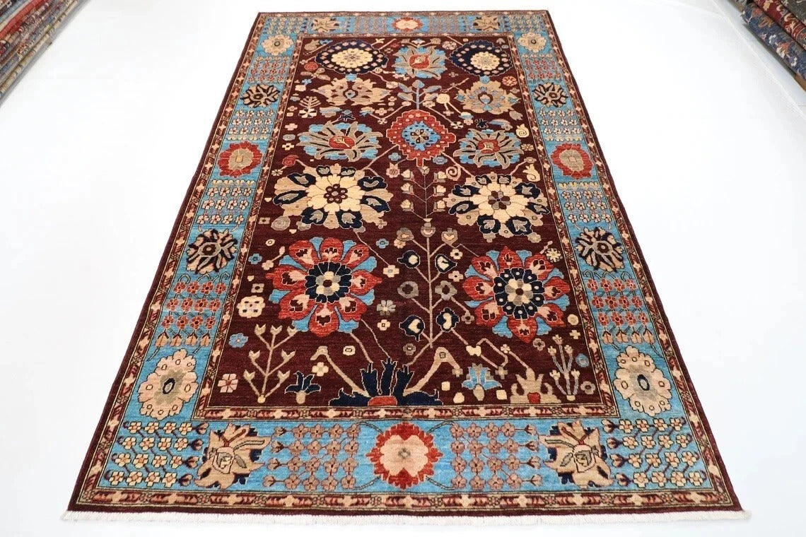 182 x 275 cm | Floral Brown Afghan Tribal Hand Knotted Veg Dye Wool Carpet