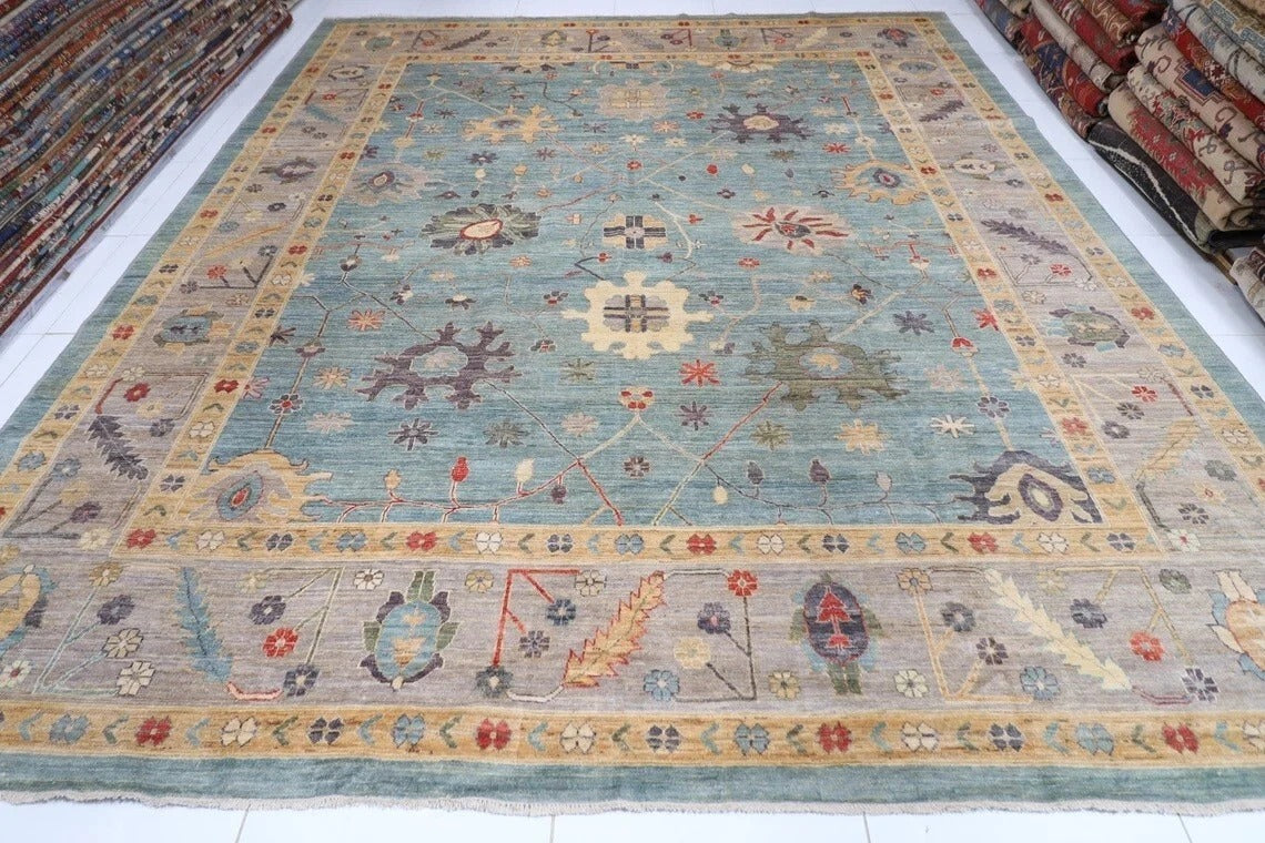 368 x 450 cm | Oushak Blue Handmade Large Size Afghan Area Rug Hand Knotted Carpet Living Room Rug