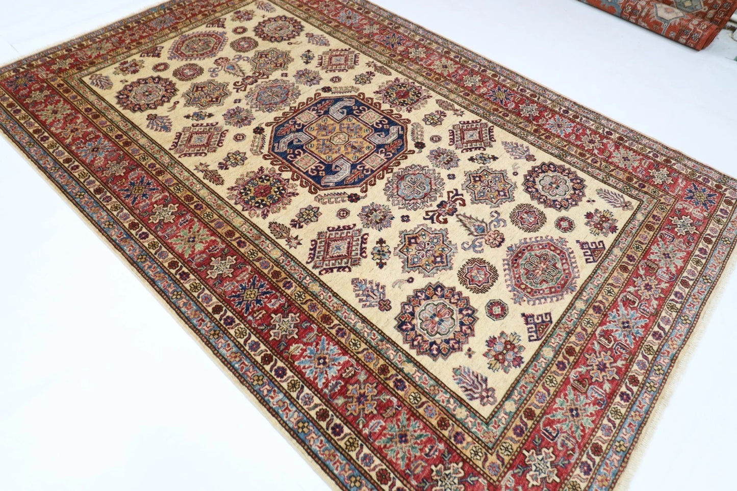 183 x 277 cm |  Geometric Kazak Beige Afghan Tribal Hand Knotted Veg Dye Wool carpet