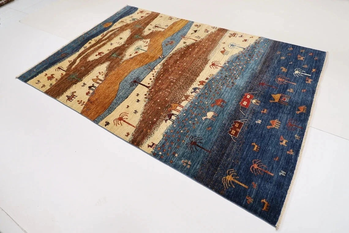 180 x 266 cm | Landscape Gabbeh Afghan Tribal Hand Knotted Veg Dye Wool Carpet