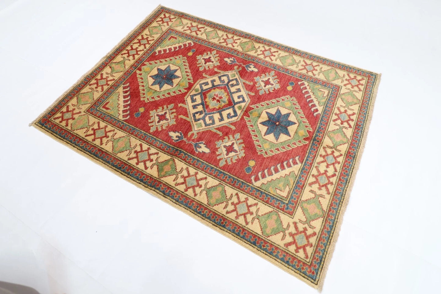 145 x 184 cm | Kazak Tribal Hand Knotted Veg Dye Wool Carpet