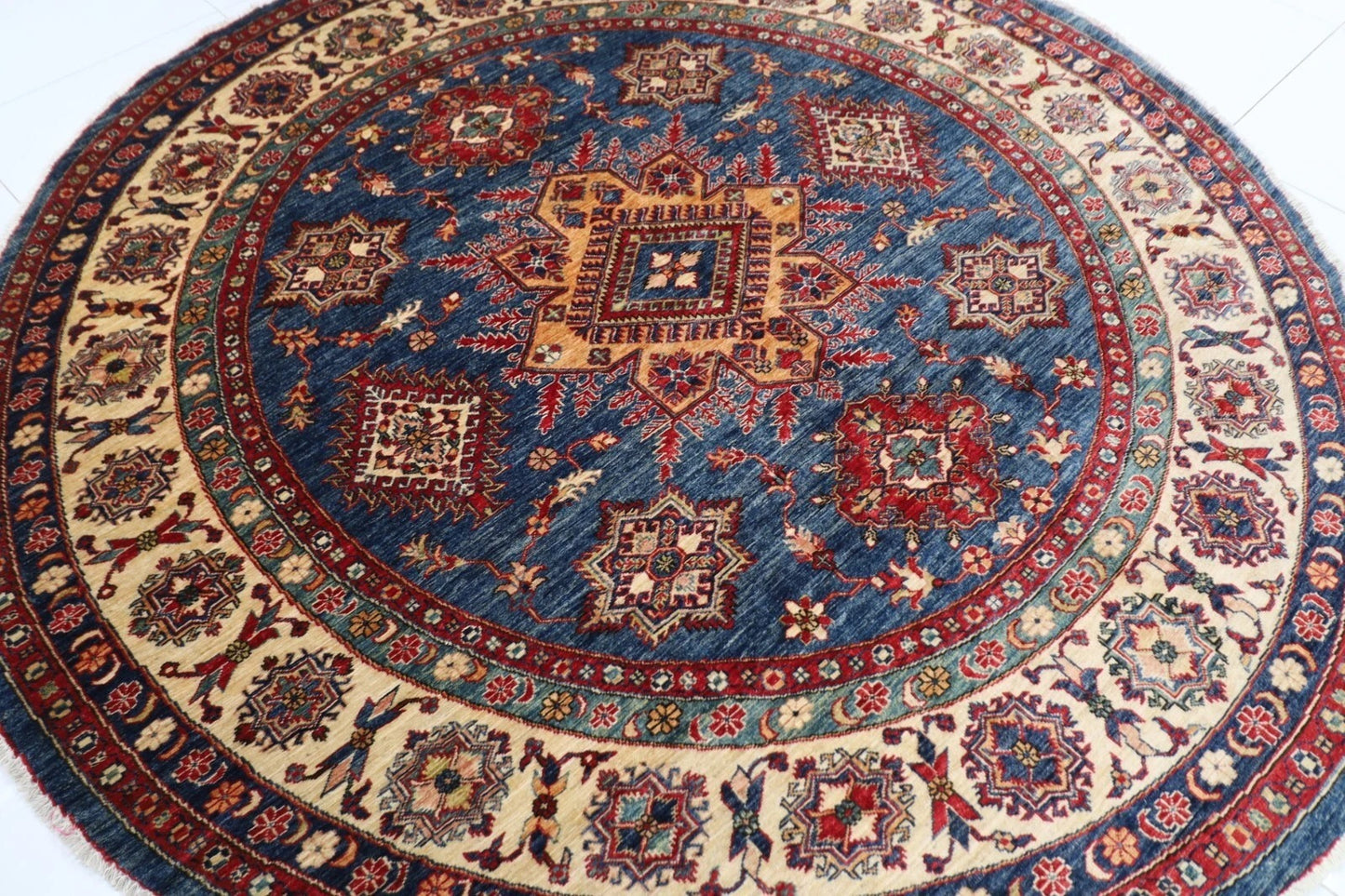 247 x 252 cm | Kazak Afghan Tribal Hand Knotted Wool Round Carpet