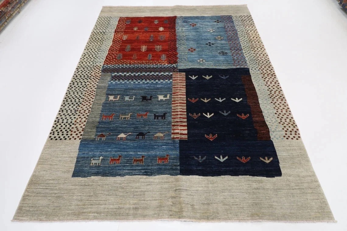 191 x 266 cm | Landscape Gabbeh Afghan Tribal Hand Knotted Veg Dye Wool Carpet