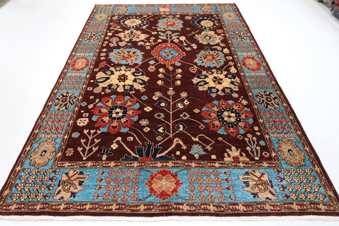 185 x 280 cm | Floral Brown Afghan Tribal Hand Knotted Veg Dye Wool Carpet