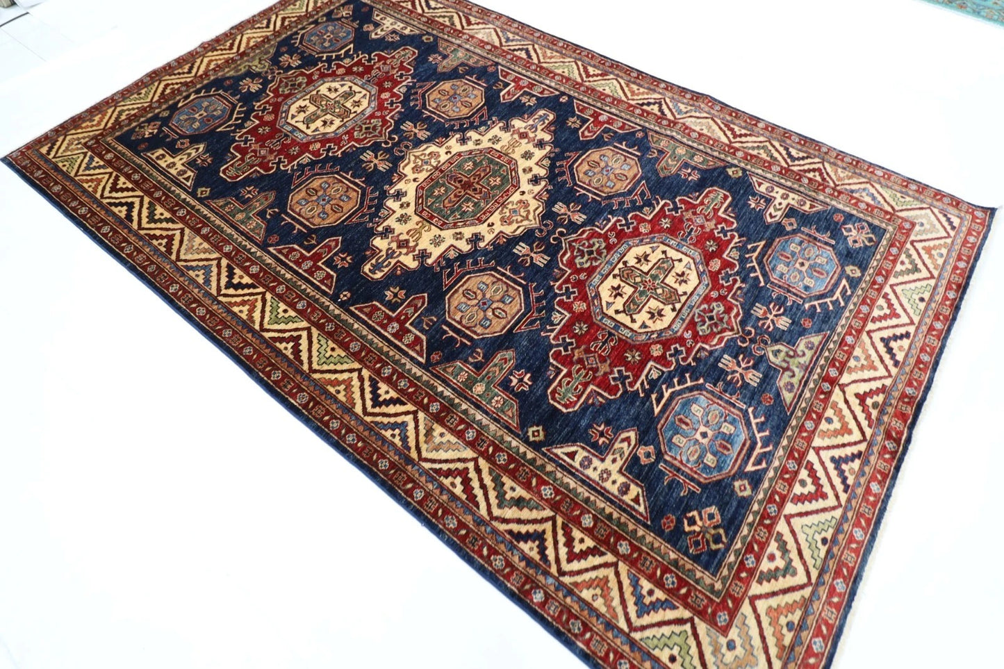 182 x 288 cm | Kazak Blue Afghan Tribal Hand Knotted Veg Dye Wool carpet
