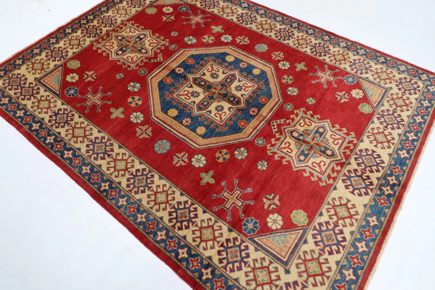 180 x 239 cm | Kazak Afghan Tribal Hand Knotted Veg Dye Wool Carpet