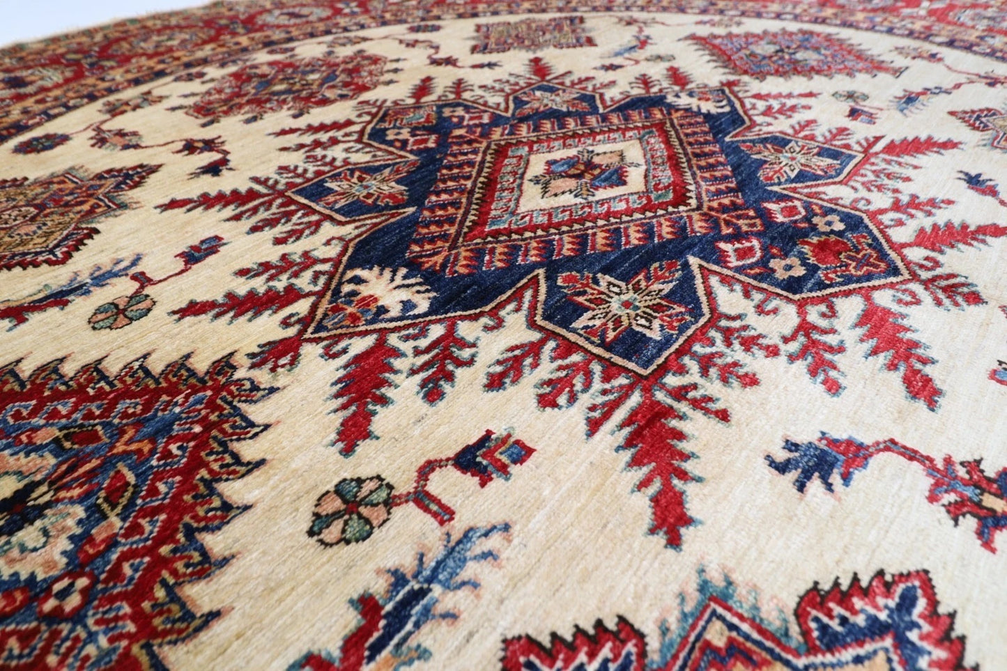 250 x 247 cm | Kazak Afghan Tribal Hand Knotted Wool Round Carpet