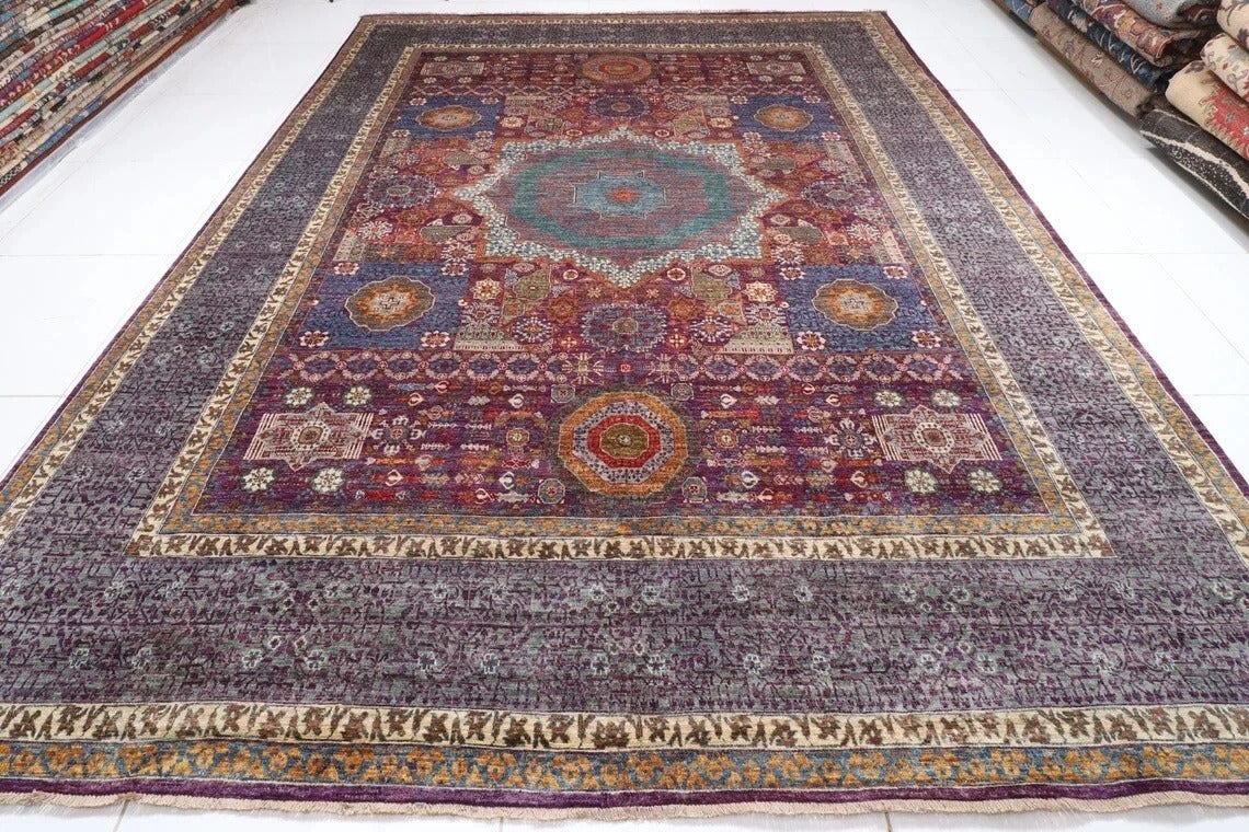 274 x 364 cm | Purple Mamluk Afghan Tribal Hand Knotted Carpet