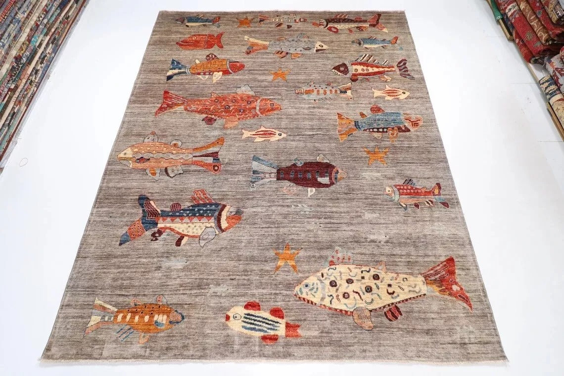 245 x 300 cm | Fish Party Afghan Tribal Hand Knotted Carpet