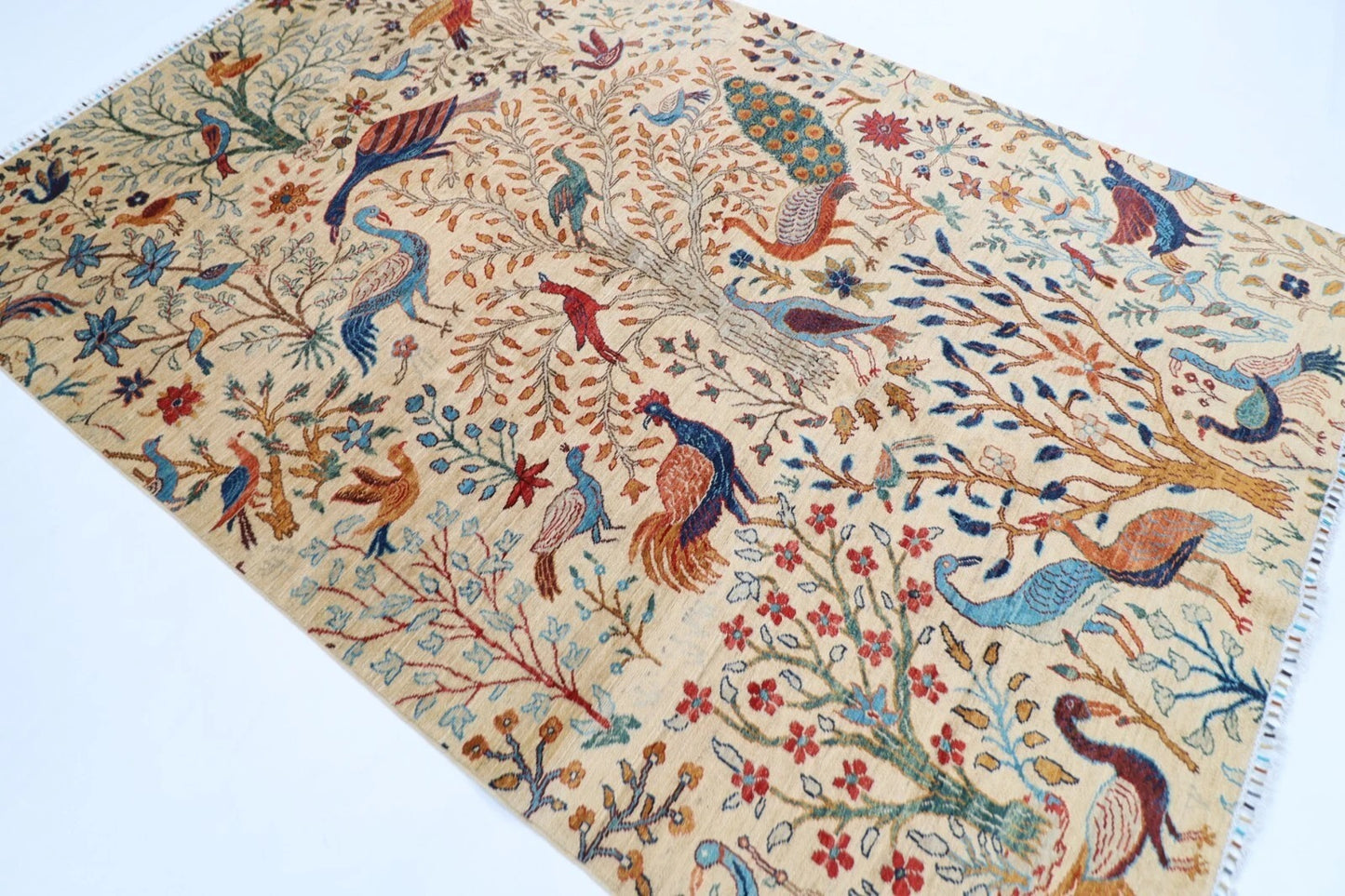 184 x 275 cm | Birds Beige Afghan Tribal Hand Knotted Veg Dye Wool carpet