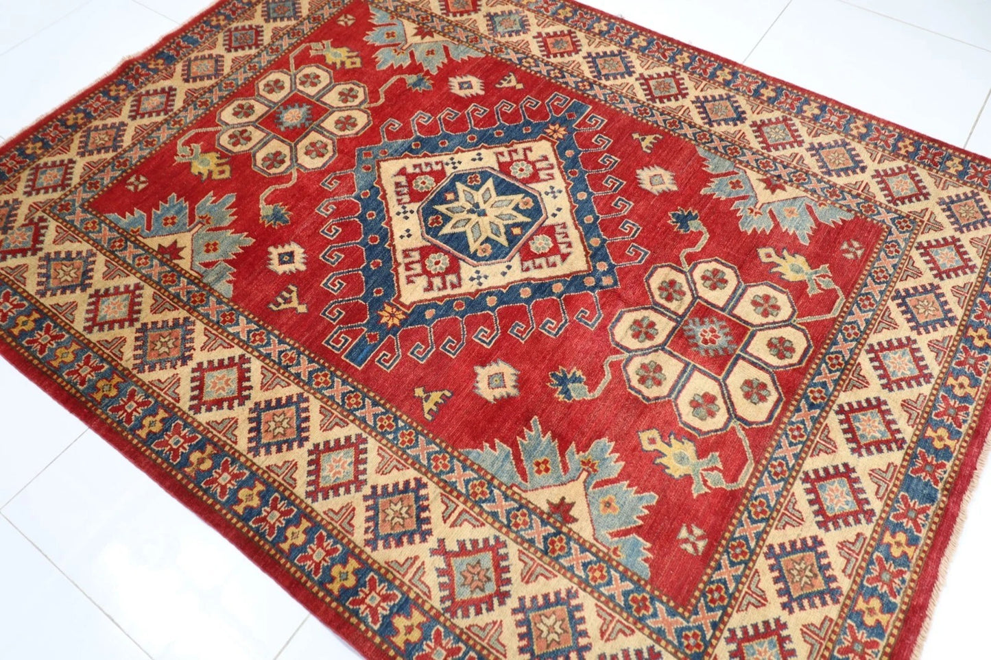 175 x 231 cm | Kazak Afghan Tribal Hand Knotted Veg Dye Wool Carpet