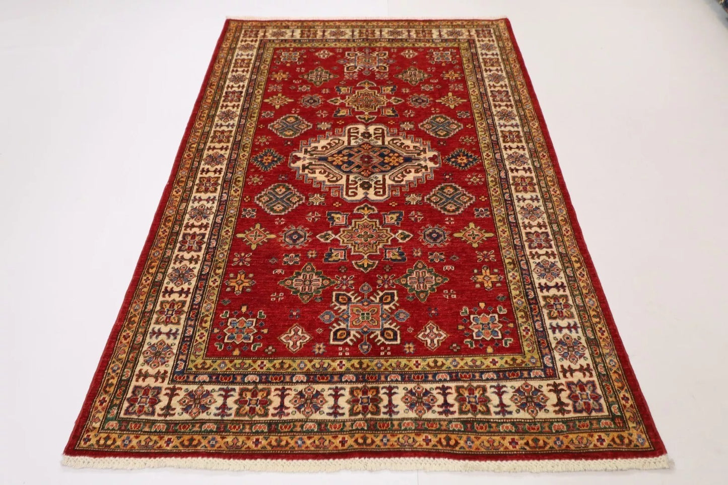 150 x 224 cm | Kazak Afghan Tribal Hand Knotted Veg Dye Wool Carpet