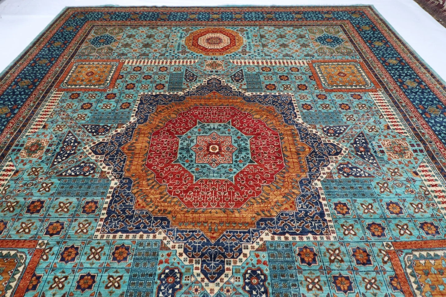 363 x 449 cm | Mamluk Turquoise Afghan Tribal Hand Knotted Carpet
