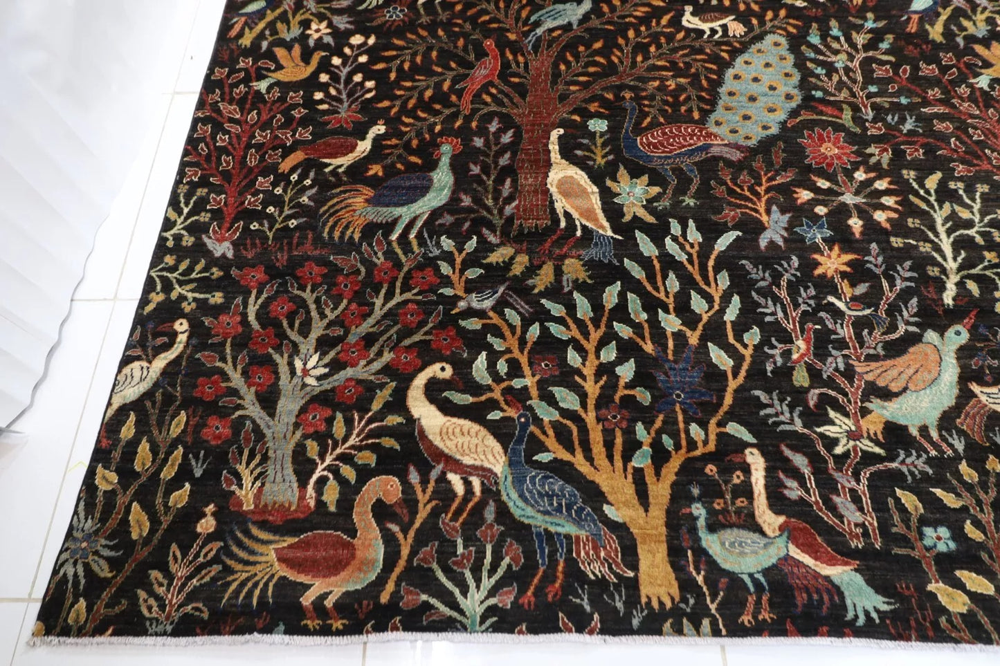 363 x 436 cm | Birds Black Afghan Tribal Hand Knotted Carpet