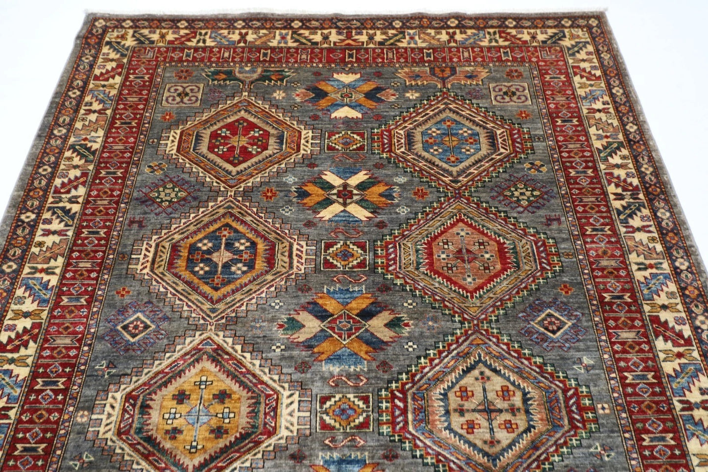 181 x 271 cm | Kazak Gray Afghan Tribal Hand Knotted Veg Dye Wool carpet