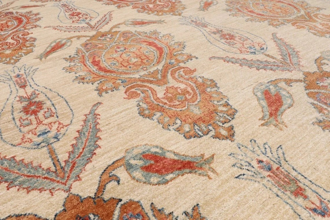 193 x 280 cm | Suzani Beige Afghan Tribal Hand Knotted Veg Dye Wool Carpet
