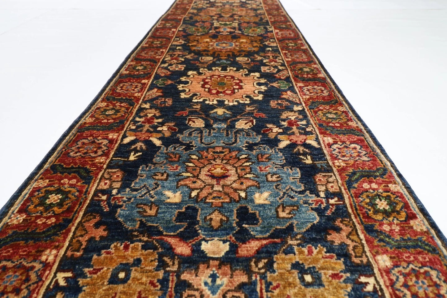 73 x 935 cm | Long Navy Blue Afghan Tribal Hand Knotted Wool Runner