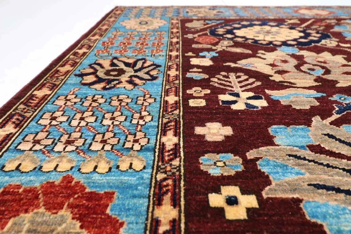 182 x 275 cm | Floral Brown Afghan Tribal Hand Knotted Veg Dye Wool Carpet