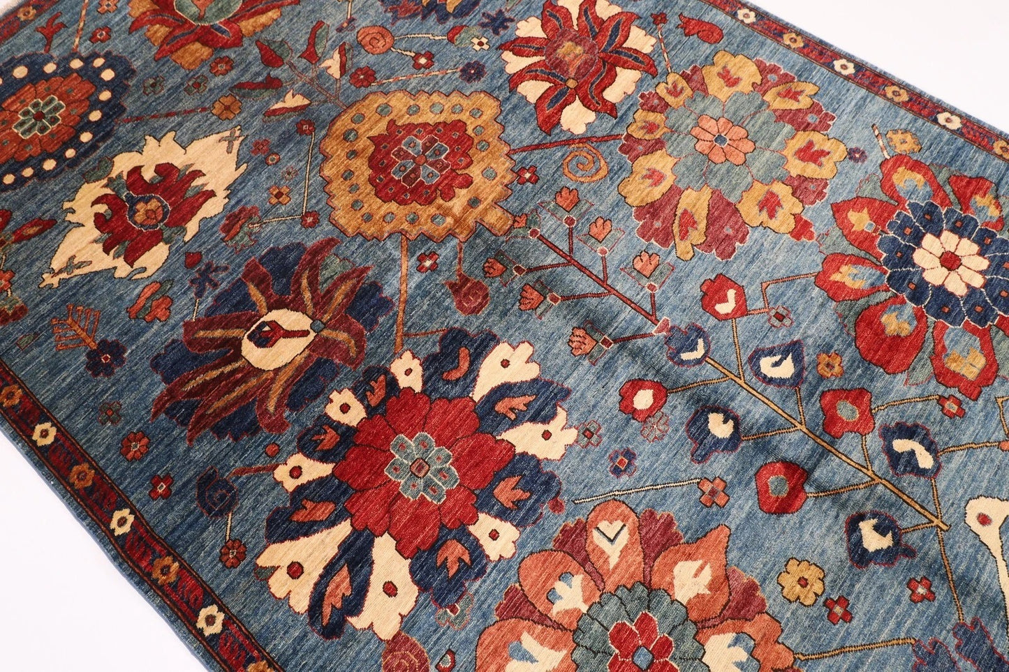 178 x 270 cm | Sozani Floral Blue Afghan Tribal Hand Knotted Veg Dye Wool Carpet