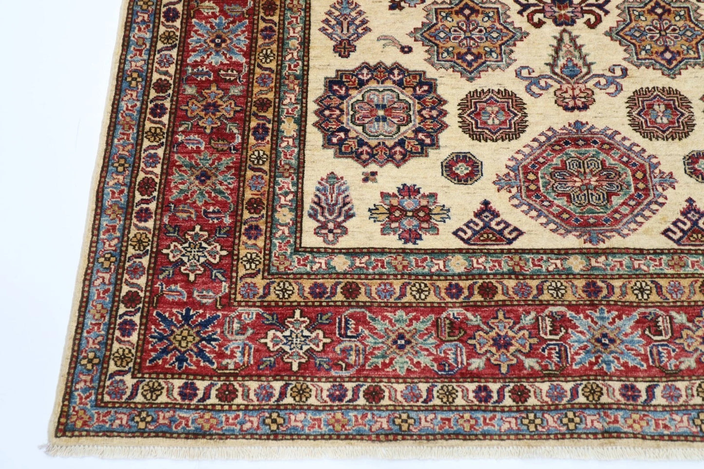 183 x 277 cm |  Geometric Kazak Beige Afghan Tribal Hand Knotted Veg Dye Wool carpet