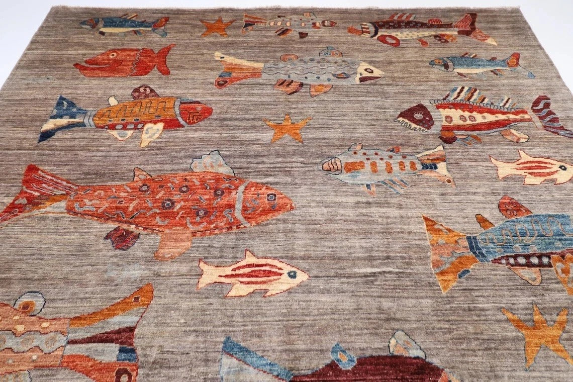 245 x 300 cm | Fish Party Afghan Tribal Hand Knotted Carpet