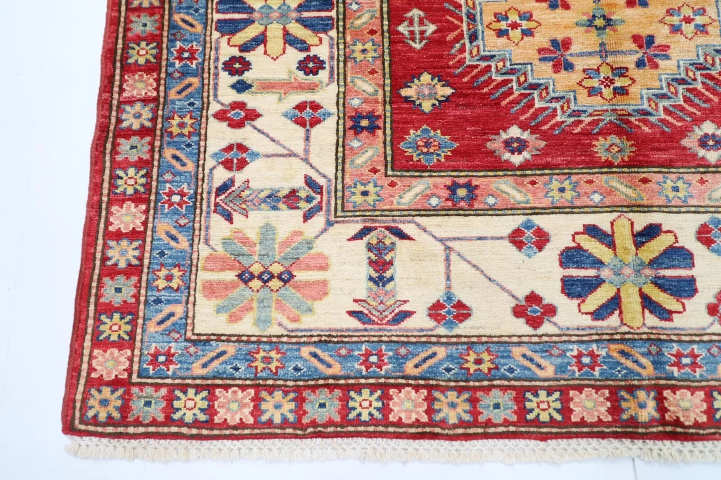 145 x 196 cm | Kazak Afghan Tribal Hand Knotted Veg Dye Wool Carpet