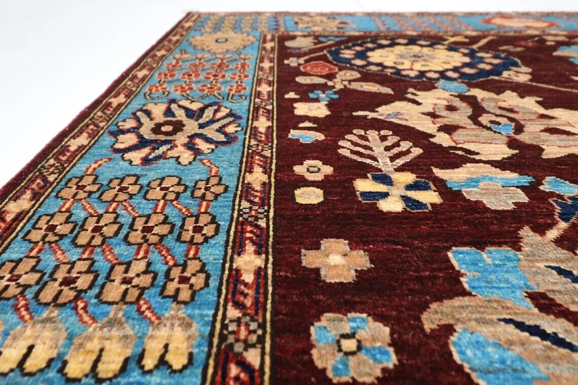 185 x 280 cm | Floral Brown Afghan Tribal Hand Knotted Veg Dye Wool Carpet