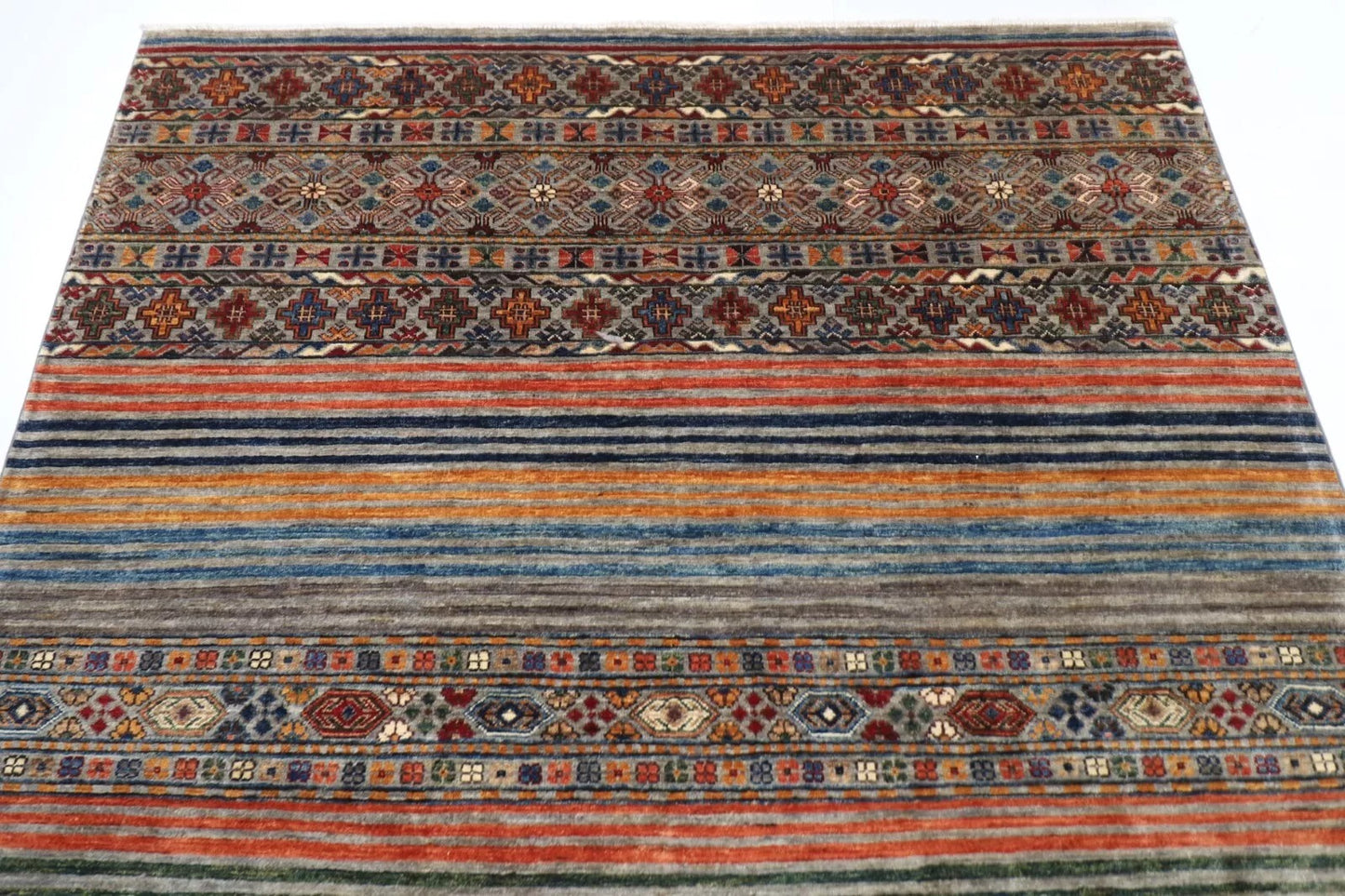 175 x 240 cm | Striped Afghan Tribal Hand Knotted Veg Dye Wool Carpet