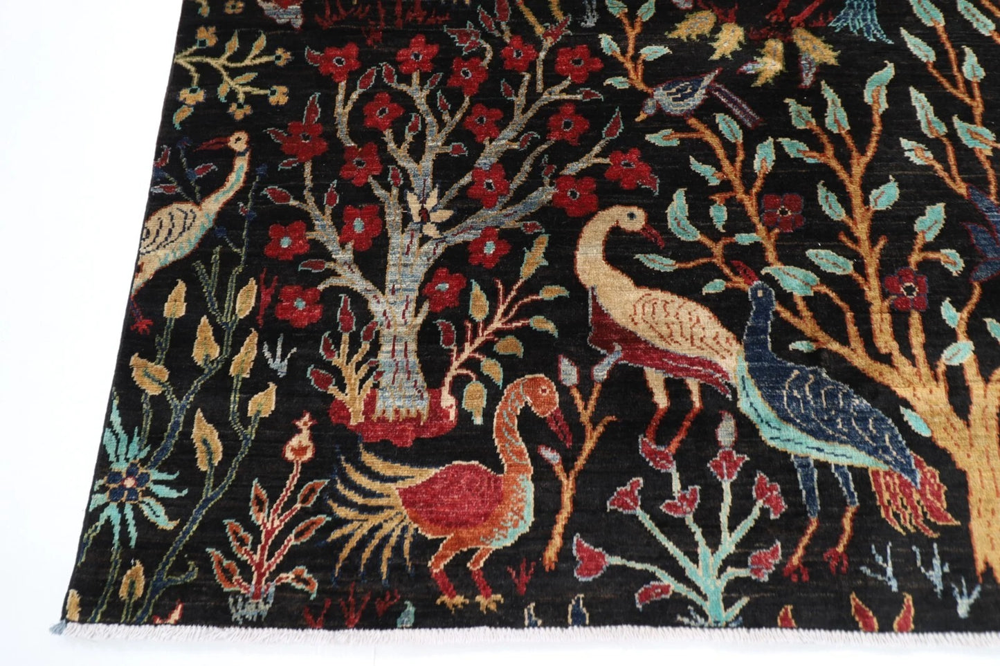 181 x 266 cm |  Birds Black Afghan Tribal Hand Knotted Veg Dye Wool carpet