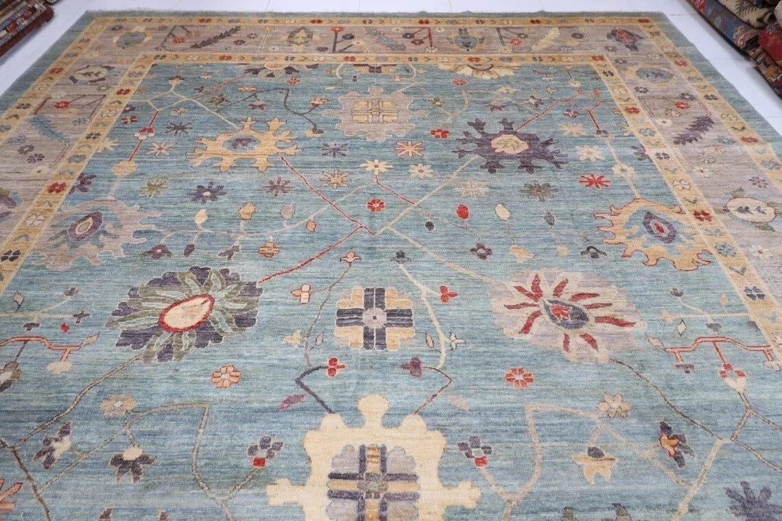 368 x 450 cm | Oushak Blue Handmade Large Size Afghan Area Rug Hand Knotted Carpet Living Room Rug