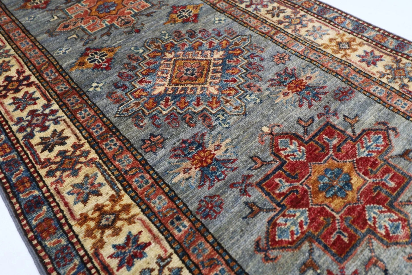 82 x 268 cm | Blueish Grey Kazak Afghan Tribal Hand Knotted Wool Runner