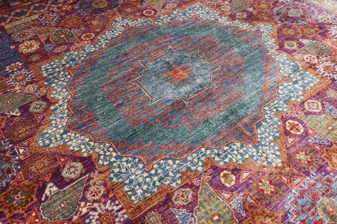 274 x 364 cm | Purple Mamluk Afghan Tribal Hand Knotted Carpet