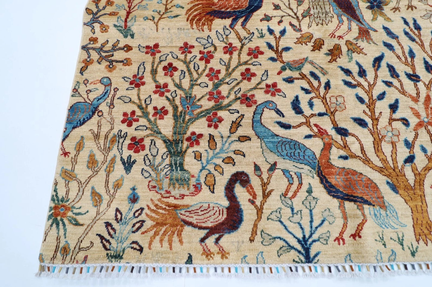 184 x 275 cm | Birds Beige Afghan Tribal Hand Knotted Veg Dye Wool carpet