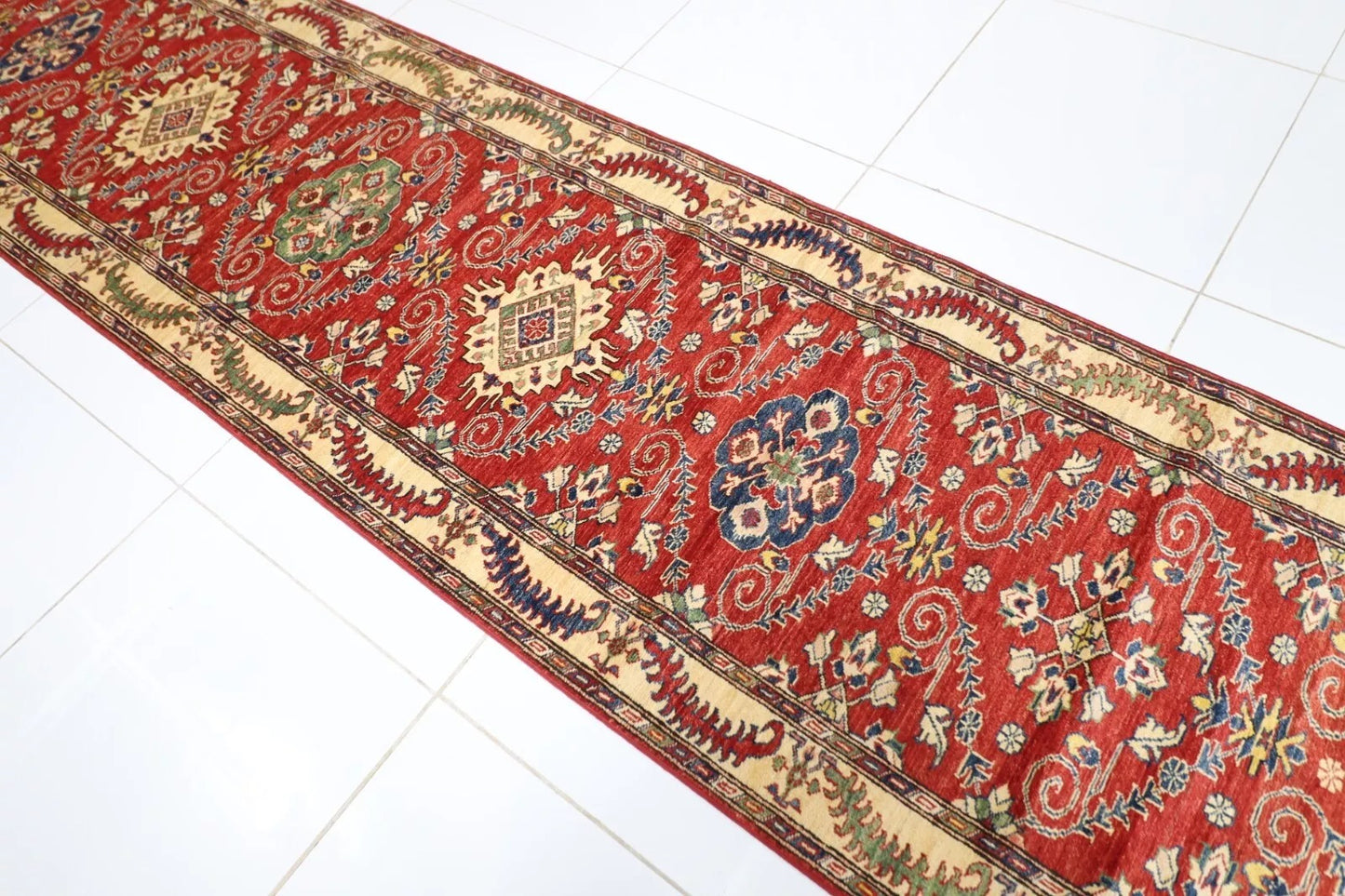 97 x 583 cm | Kazak Red Afghan Tribal Hand Knotted Wool Runner