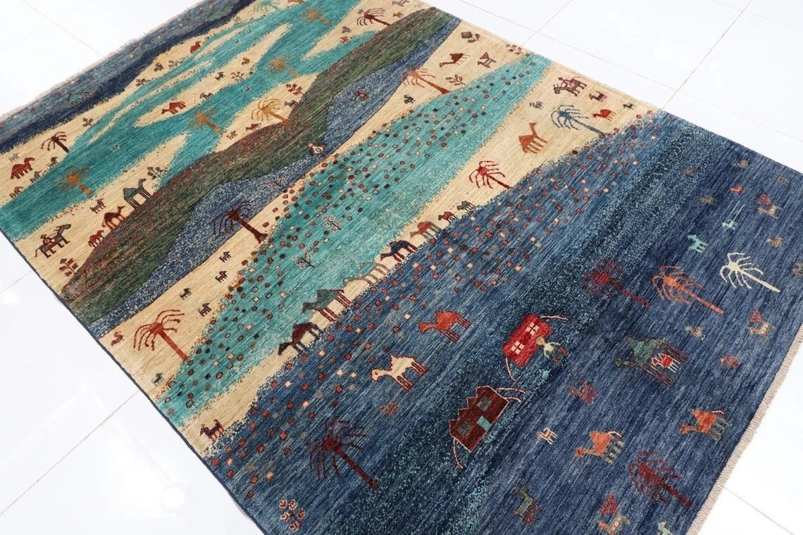 184 x 260 cm | Landscape Gabbeh Afghan Tribal Hand Knotted Veg Dye Wool Carpet