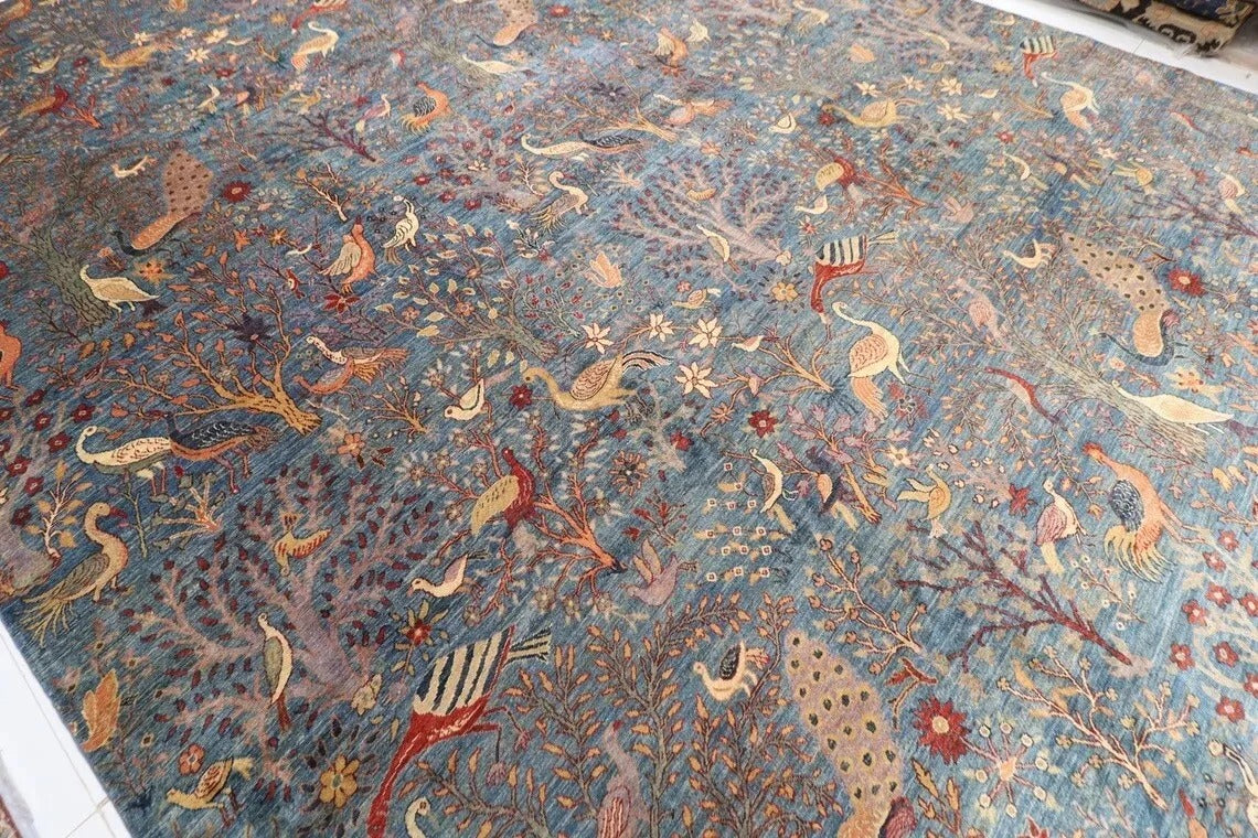 377 x 558 cm | Birds Blue Afghan Tribal Hand Knotted Carpet