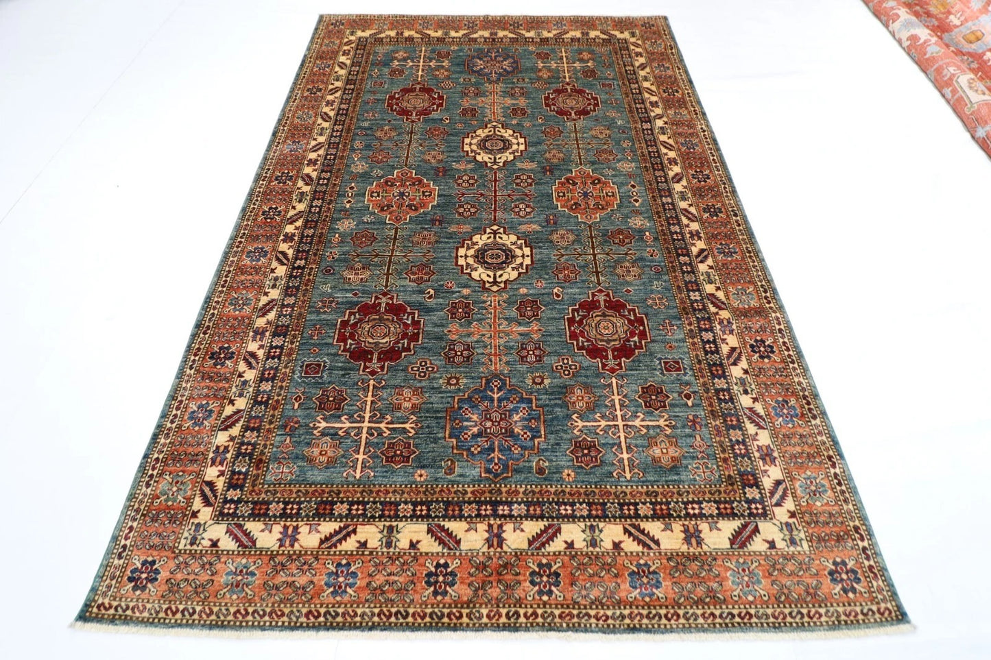 182 x 277 cm | Kazak Blue Afghan Tribal Hand Knotted Veg Dye Wool carpet