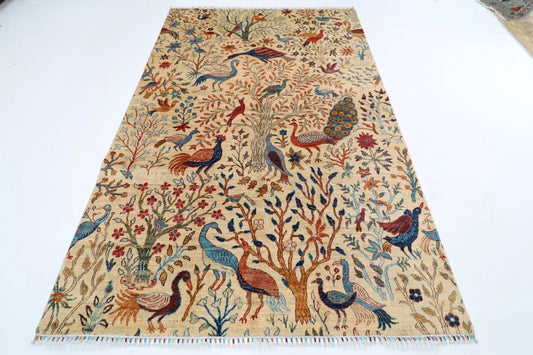 184 x 275 cm |  Birds Beige Afghan Tribal Hand Knotted Veg Dye Wool carpet