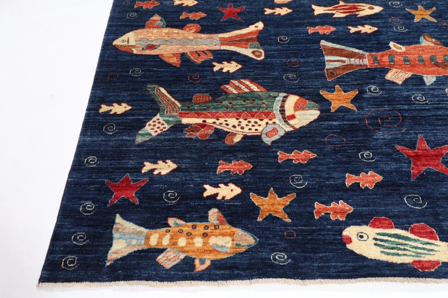 253 x 294 cm | Fish Party Afghan Tribal Hand Knotted Carpet