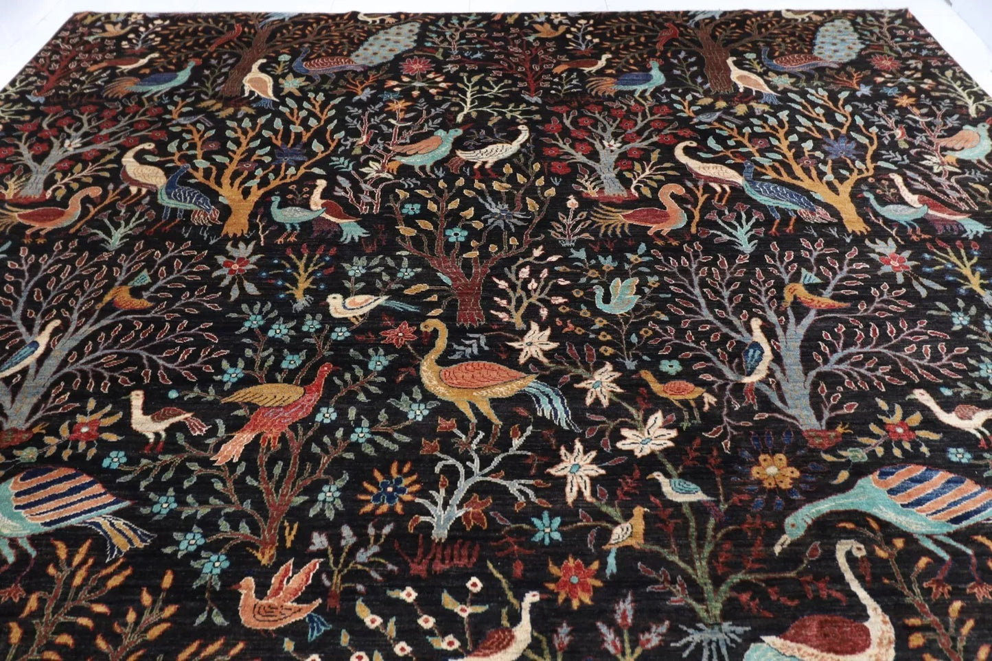 363 x 436 cm | Birds Black Afghan Tribal Hand Knotted Carpet