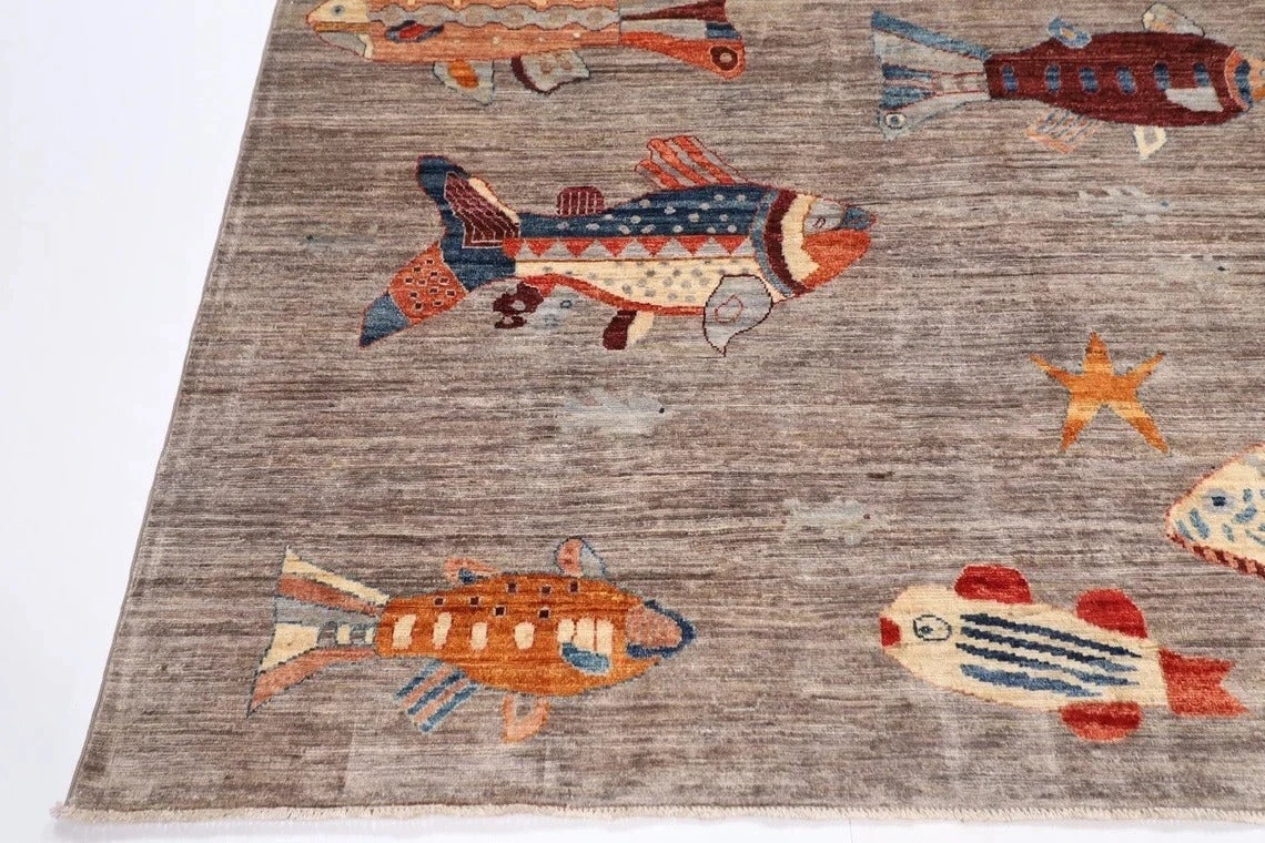 245 x 300 cm | Fish Party Afghan Tribal Hand Knotted Carpet