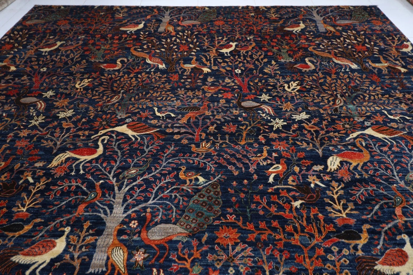 354 x 539 cm | Birds Navy Blue Handmade Large Size Afghan Area Rug Hand Knotted Carpet Living Room Rug