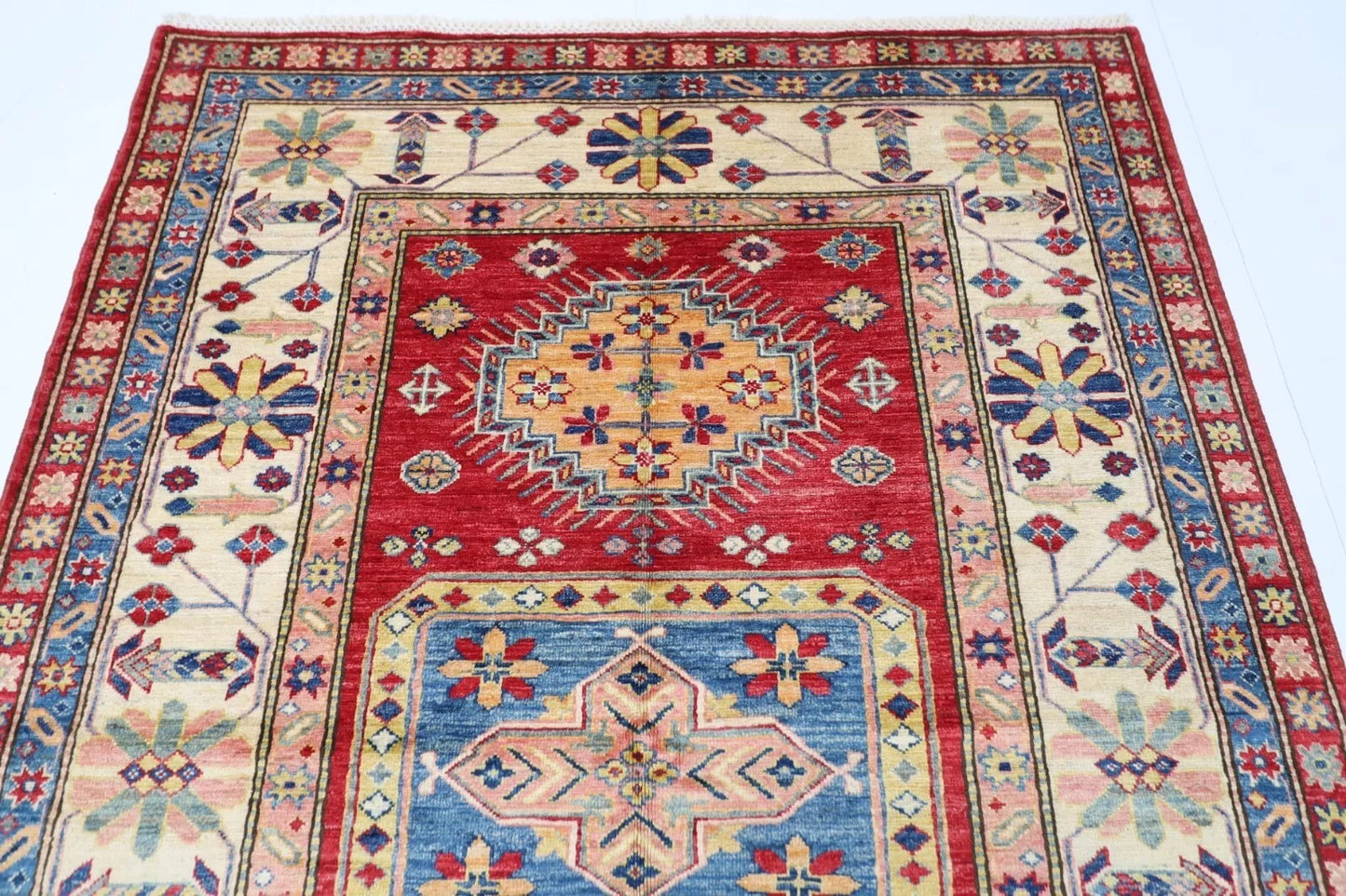 145 x 196 cm | Kazak Afghan Tribal Hand Knotted Veg Dye Wool Carpet