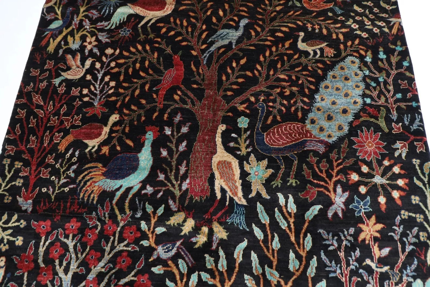 181 x 266 cm |  Birds Black Afghan Tribal Hand Knotted Veg Dye Wool carpet