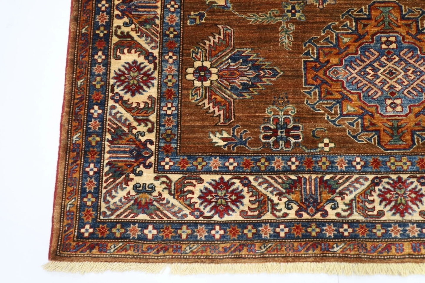 171 x 238 cm | Kazak Afghan Tribal Hand Knotted Veg Dye Wool Carpet caramel